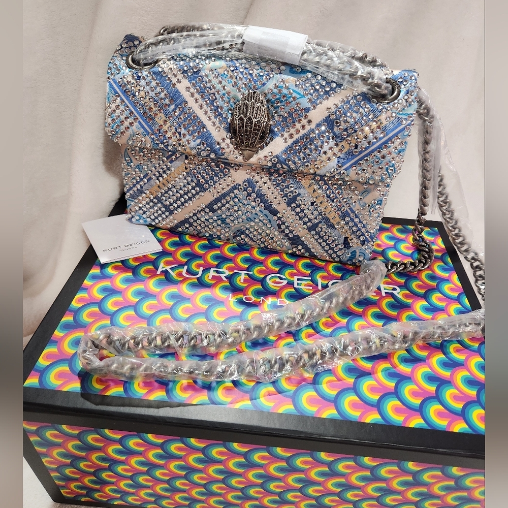 Kurt Geiger London Kensington Blue & Silver Crossbody Bag, NIB